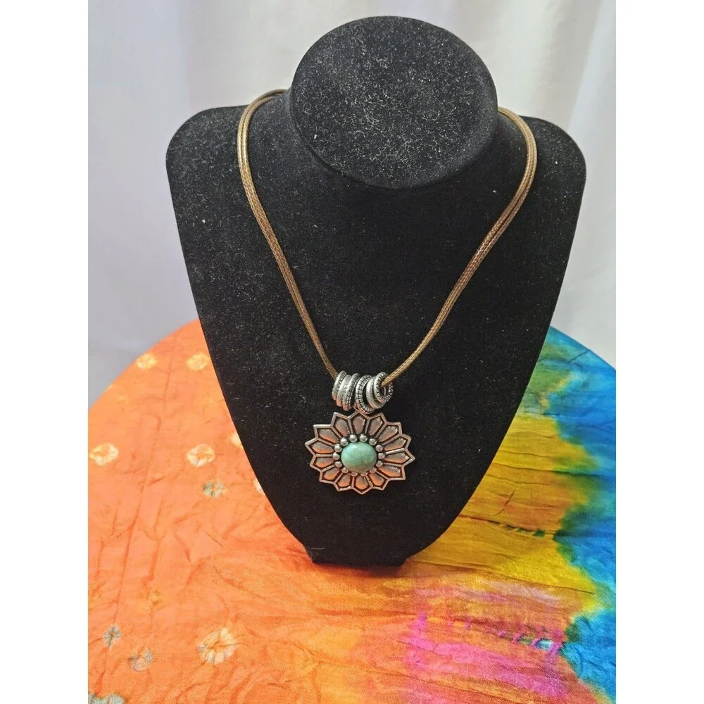 Flower Pendant Charm Cord Necklace, Aqua Round Stone, Bezel Set Brown/Silver